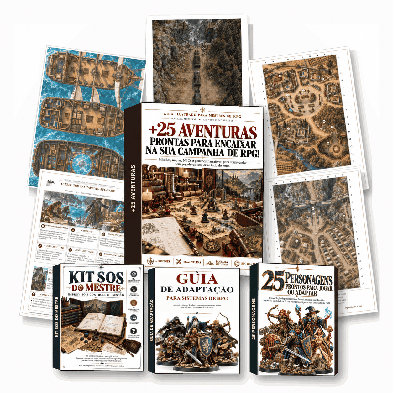 Kit completo de aventuras de RPG com mapas, guia principal e três bônus