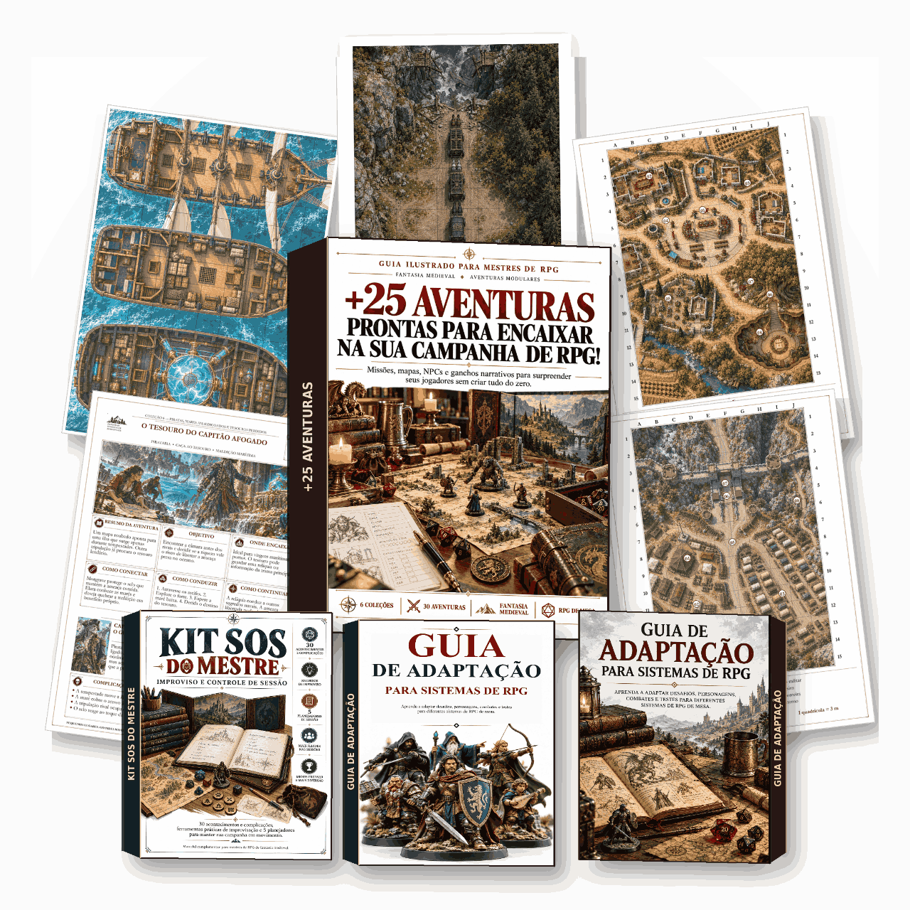 Coleção de aventuras de RPG com produto principal, bônus e mapas