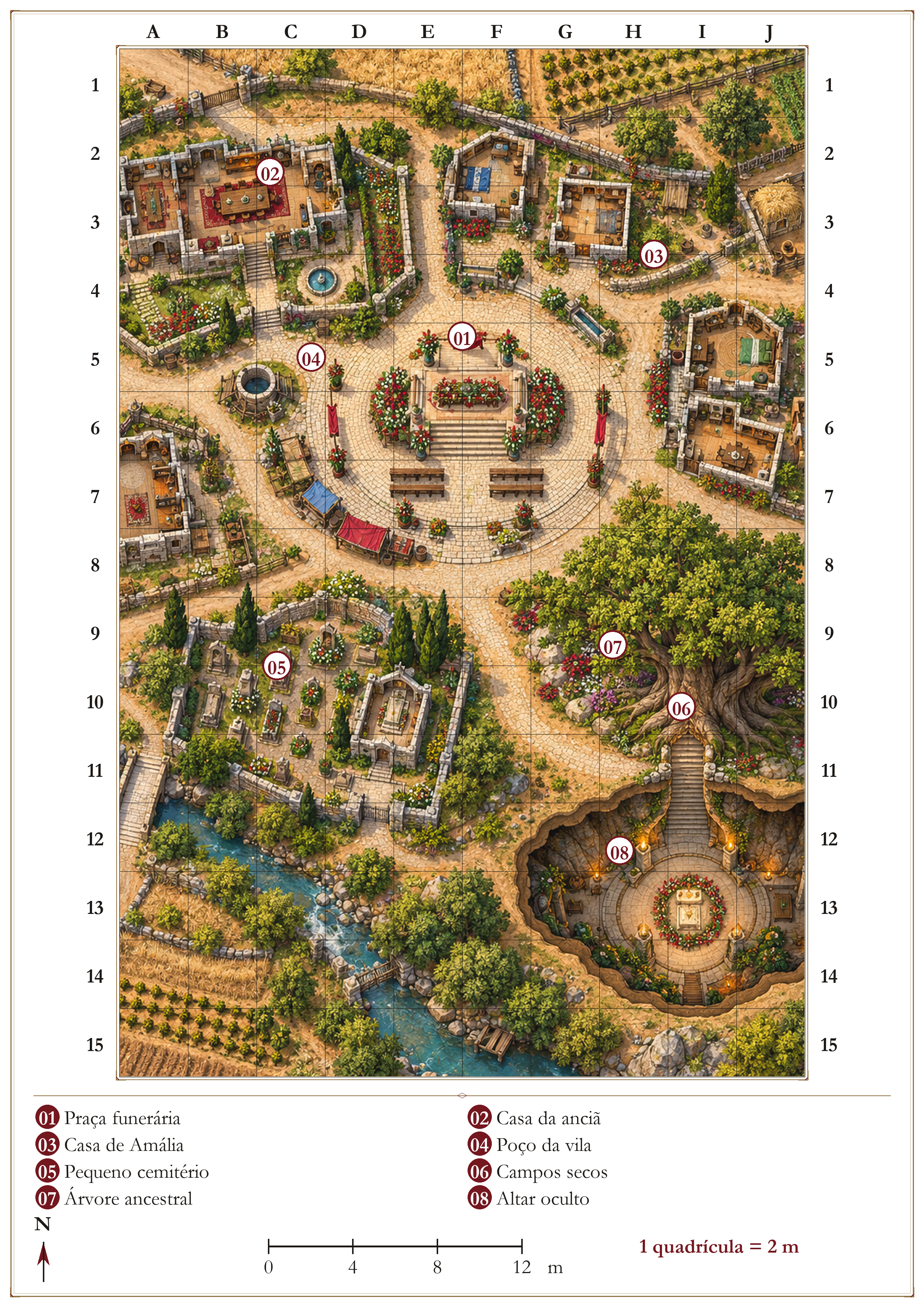 Mapa de exploração com ruínas e caminhos