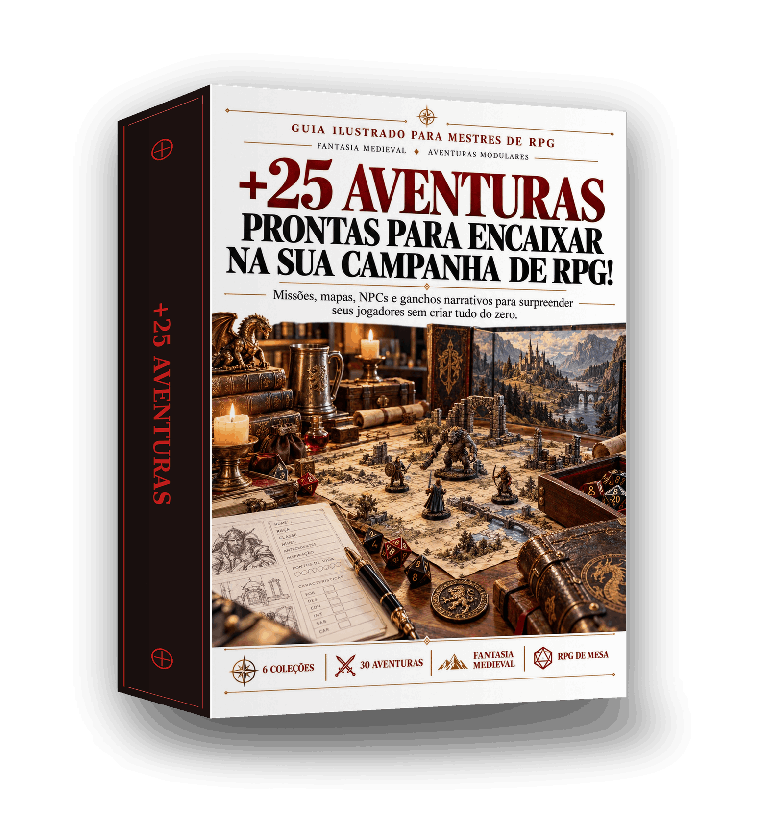 Mockup do guia com mais de 25 aventuras de RPG